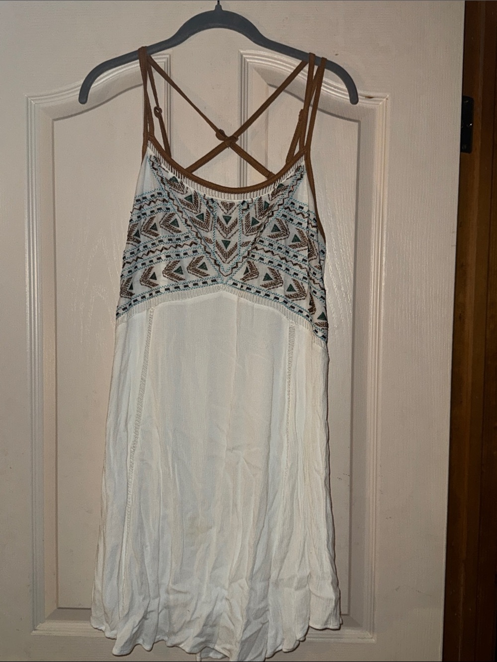 Miss Me White Mini Dress with Brown Straps and Multicolor Embroidery